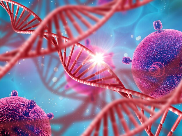 Medizinischer Hintergrund 3D mit DNA-Strängen und Viruszellen