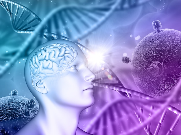 Medizinischer Hintergrund 3D mit männlichem Kopf, Gehirn, DNA-Strängen und Viruszellen