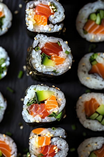 Meeresfrüchte-Sushi-Gericht mit Details und einem einfachen schwarzen Hintergrund