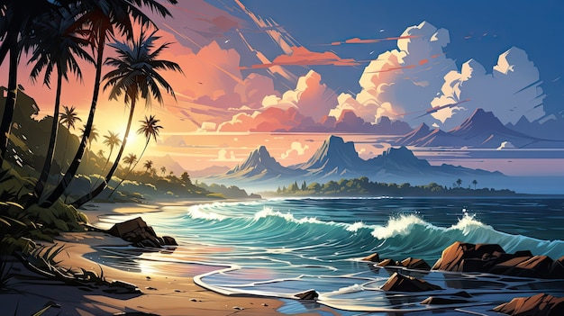 Meereslandschaft im Cartoon-Stil mit Sonnenuntergang