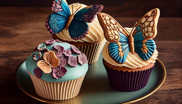 Mehrfarbige Cupcakes mit kunstvollen Dekorationen und Zuckerguss, die von KI generiert werden