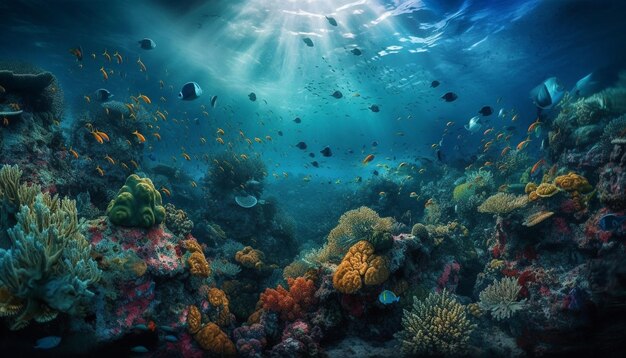 Mehrfarbige Fische schwimmen in einem von KI erzeugten tropischen Korallenriff