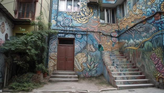 Mehrfarbige Graffiti an der alten Gebäudefassade in der Innenstadt, generiert von KI