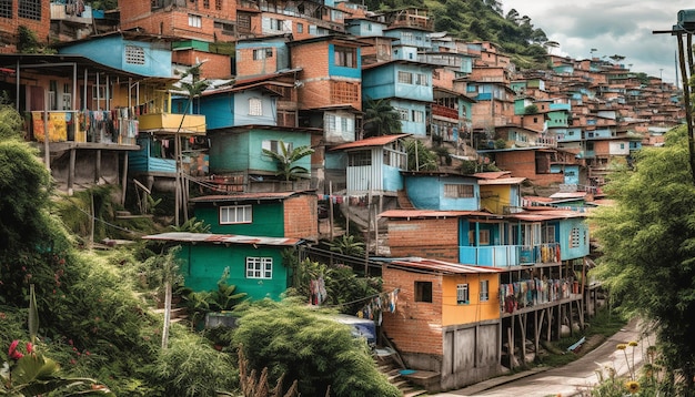 Mehrfarbige Hütten in einer überfüllten karibischen Slumgemeinschaft, generiert durch KI