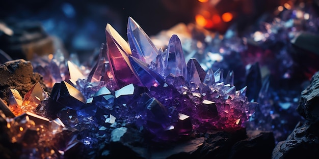 Kostenloses Foto mehrfarbige kristalle leuchten vor einem tiefen hintergrund