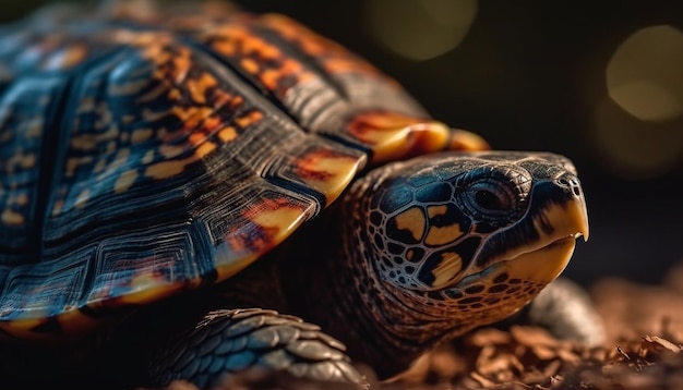 Mehrfarbige Schildkröte, die in der von KI erzeugten Naturschönheit kriecht