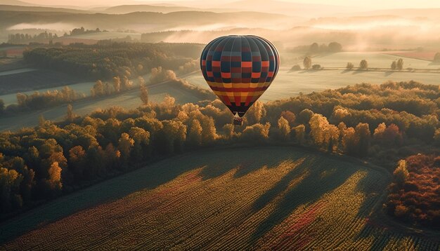 Mehrfarbiger Ballon schwebt über einer von KI generierten Herbstlandschaft