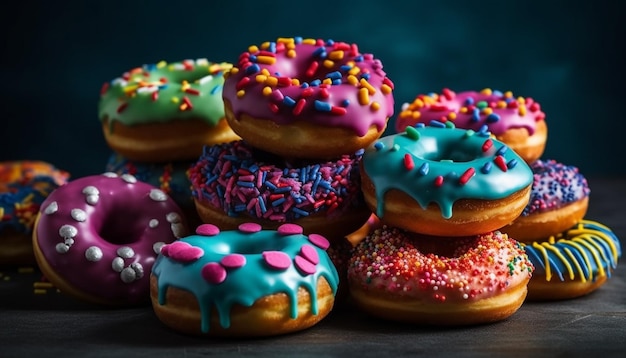 Kostenloses Foto mehrfarbiger donut-haufen auf rustikalem holztisch, generiert von ki