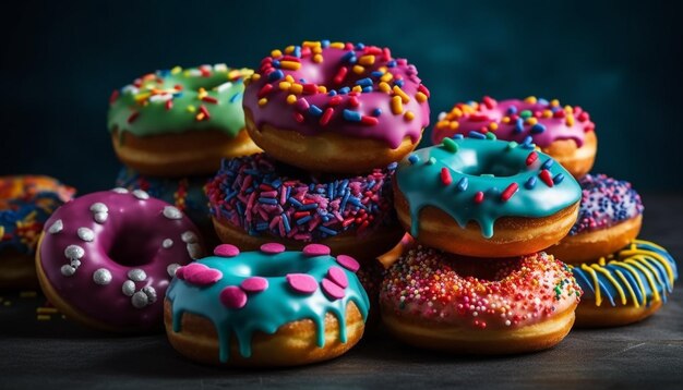 Mehrfarbiger Donut-Haufen auf rustikalem Holztisch, generiert von KI