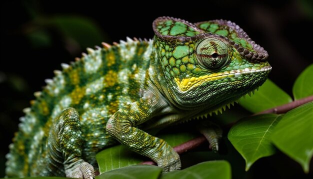 Mehrfarbiger Gecko auf grünem Ast im Wald, generiert von KI