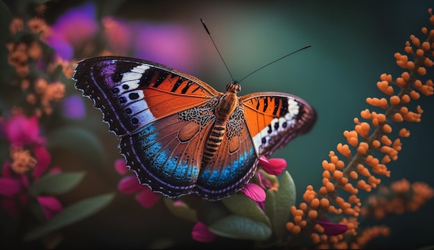 Mehrfarbiger Schmetterling aus nächster Nähe in lebendiger Natur generativer KI