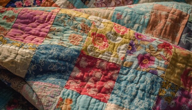 Mehrfarbiges Patchwork-Kissen mit floralem Musterdesign, das von AI generiert wurde