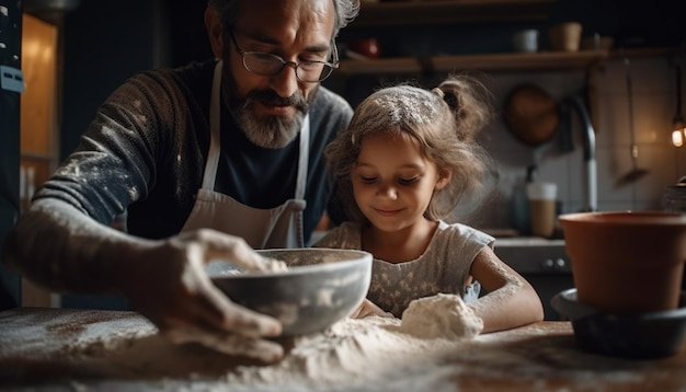 Mehrgenerationenfamilie, die Teig in der heimischen Küche knetet, erzeugt von KI