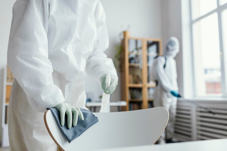 Kostenlose Foto menschen, die einen biologisch gefährdeten bereich desinfizieren