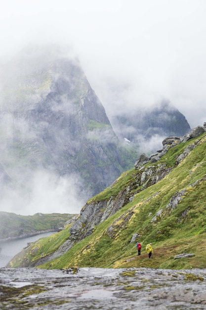 Kostenloses Foto menschen, die in den bergen der lofoten bei nebligem wetter wandern