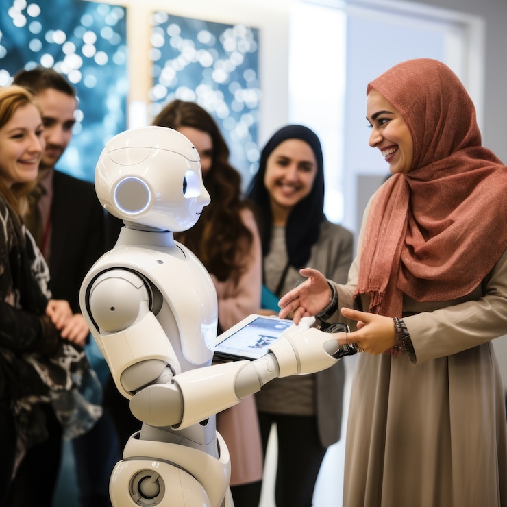 Menschen, die mit Robotern umgehen