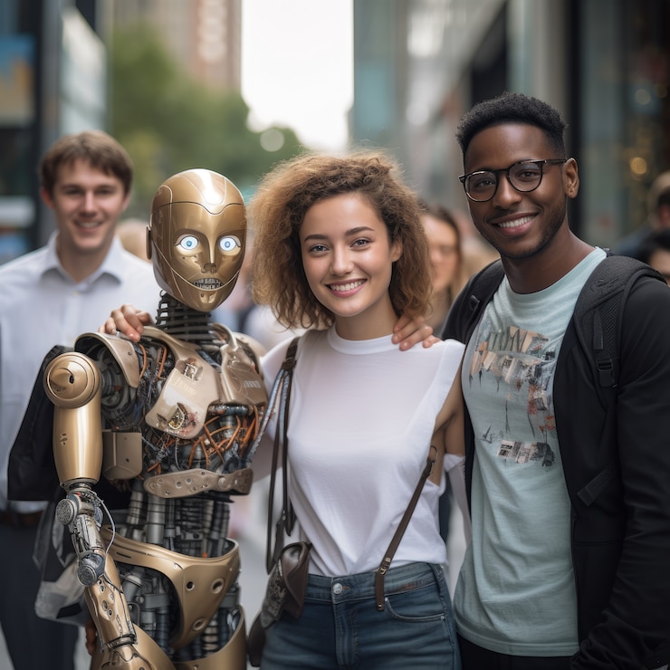 Menschen, die mit Robotern umgehen