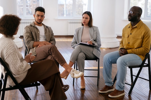 Kostenloses Foto menschen, die während einer gruppentherapie gefühle und emotionen austauschen