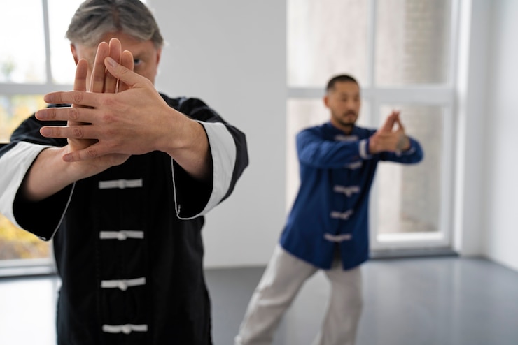 Kostenlose Foto menschen, die zusammen tai chi üben, vorderansicht