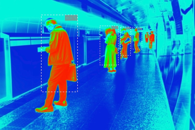 Menschen im farbenfrohen thermischen Scan mit Celsius-Grad-Temperatur