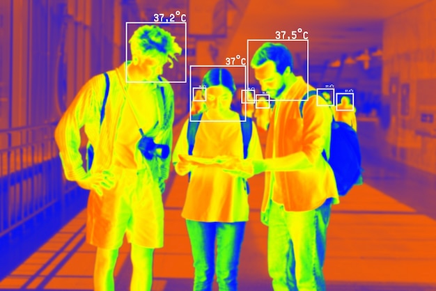 Menschen im farbenfrohen thermischen Scan mit Celsius-Grad-Temperatur