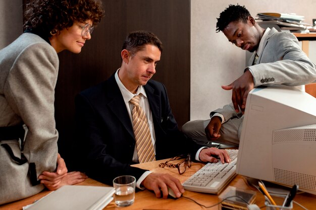 Menschen im Vintage-Stil, die in einem Büro mit Computern arbeiten