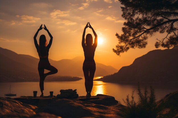 Menschen machen Yoga bei Sonnenuntergang