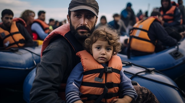 Kostenloses Foto menschen mit schwimmwesten in einer migrationskrise