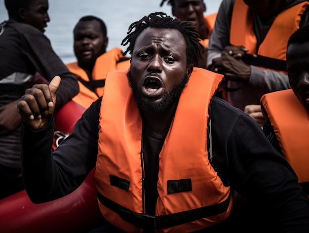 Kostenloses Foto menschen mit schwimmwesten in einer migrationskrise