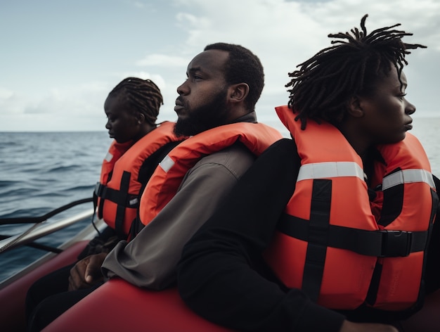 Menschen mit Schwimmwesten in einer Migrationskrise