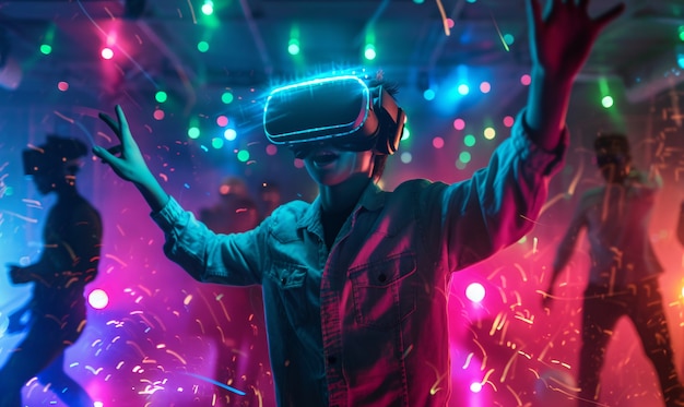 Menschen tanzen umgeben von hellen Neonlichtern auf einer Party mit einem Virtual-Reality-Headset