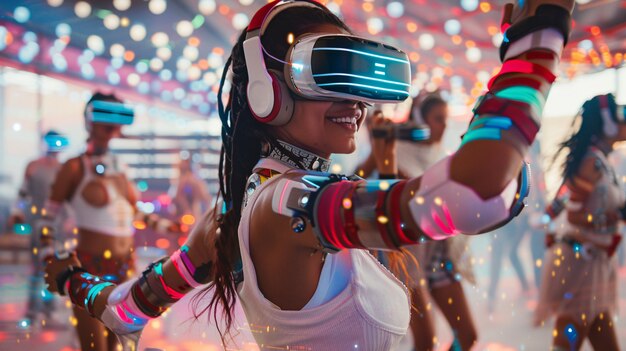 Menschen tanzen umgeben von hellen Neonlichtern auf einer Party mit einem Virtual-Reality-Headset