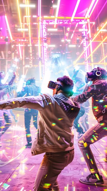 Kostenloses Foto menschen tanzen umgeben von hellen neonlichtern auf einer party mit einem virtual-reality-headset