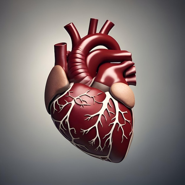 Menschliches Herz mit Adern auf grauem Hintergrund, 3D-Renderdarstellung