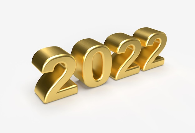 Metalic gold 2022 neujahr 3d-render-illustration isoliert auf weißem hintergrund, perspektivische ansicht.