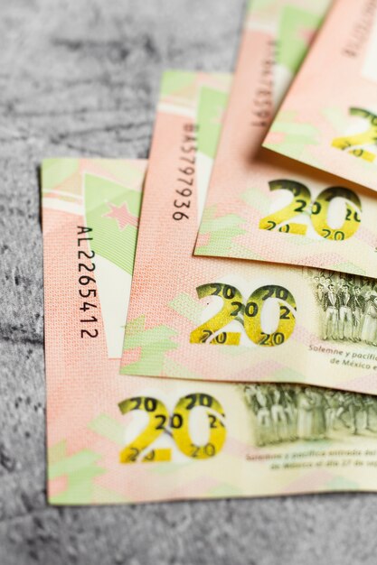 Mexikanische Pesos-Anordnung Stillleben hoher Winkel