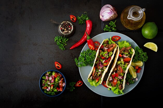 Mexikanische Tacos mit Rindfleisch in Tomatensauce und Salsa