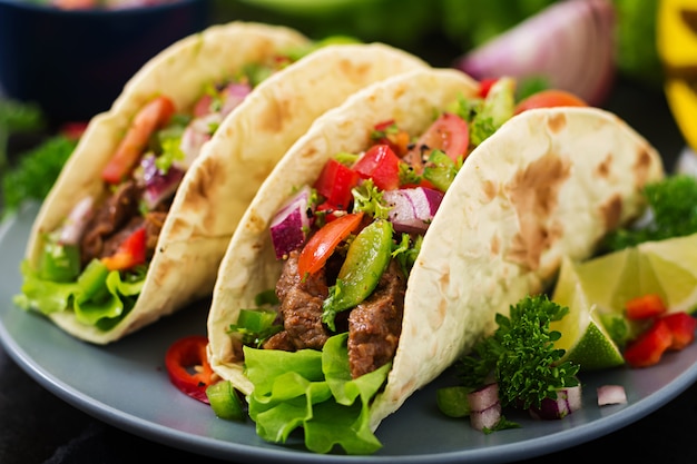 Mexikanische Tacos mit Rindfleisch in Tomatensauce und Salsa