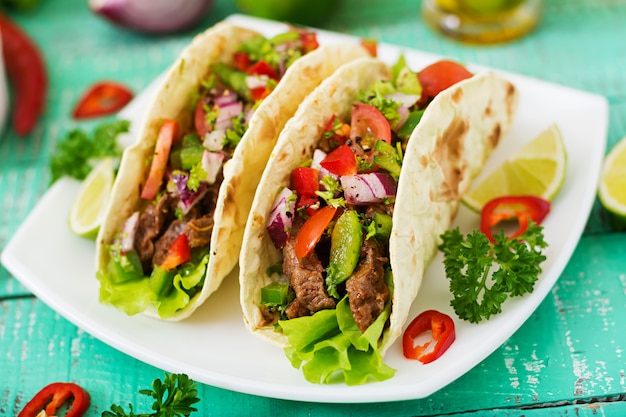 Mexikanische Tacos mit Rindfleisch in Tomatensauce und Salsa