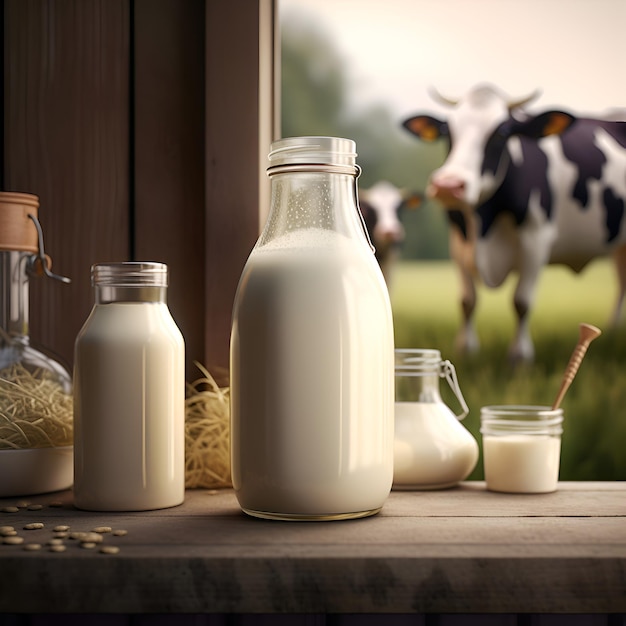 Kostenloses Foto milch in einer glasflasche auf dem hintergrund des bauernhofs