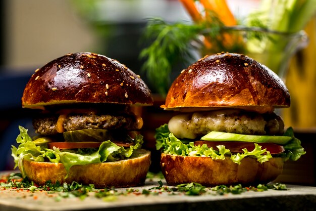 Mini Hühnchen und Fleisch Burger Salat Gurke Tomate Seitenansicht