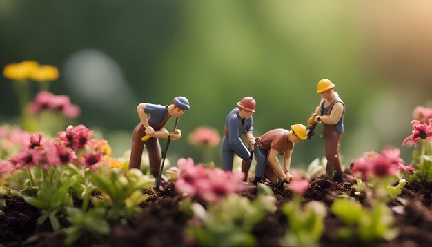 Kostenloses Foto miniaturmenschen arbeiter, die im garten arbeiten gartenkonzept