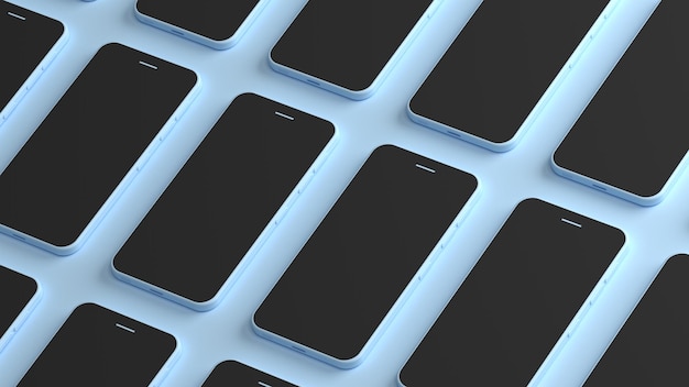Minimaler abstrakter hintergrund von smartphones auf blauem boden 3d-rendering