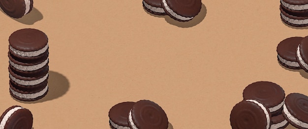 Minimales food-design. 3d-render-schokoladenkekse im beigefarbenen raum der isometrie. banner. restaurant, bäckerei süßwarenladen, konzeptkunst für die lebensmittellieferung. kakaoliebhaber