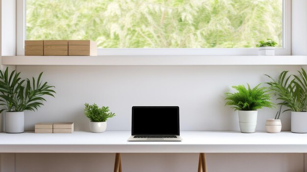 Minimalistisches Heimbüro mit weißem Schreibtisch und Pflanzen