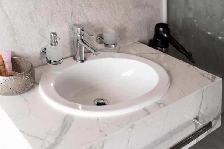 Kostenlose Foto minimalistisches marmorwaschbecken im badezimmer