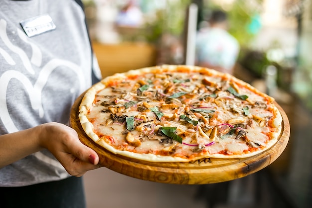 Mischen Sie Pizza Huhn Pilz Pepperbasil Käse Zwiebel Seitenansicht