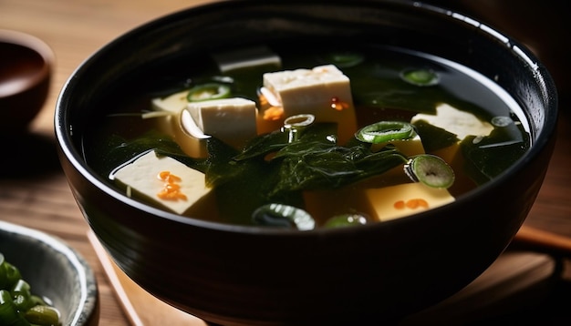 Miso-Suppe mit Wakame und Tofu in einer von KI erzeugten Keramikschale