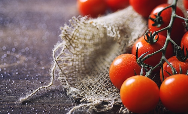 Mit frischen kirschtomaten verzweigen. reife rote tomaten