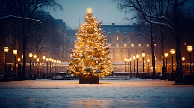 Mit Ornamenten geschmückter Weihnachtsbaum im öffentlichen Raum